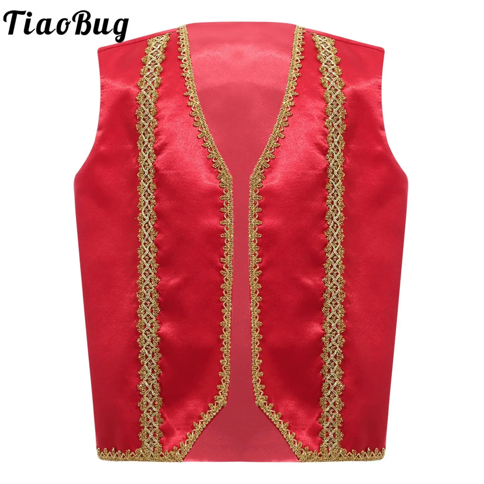 Kids Boys Arabian Prince Cosplay Costume Golden Trim Adorned Waistcoat Vest Halloween Theme Party Stage Performance Clothes