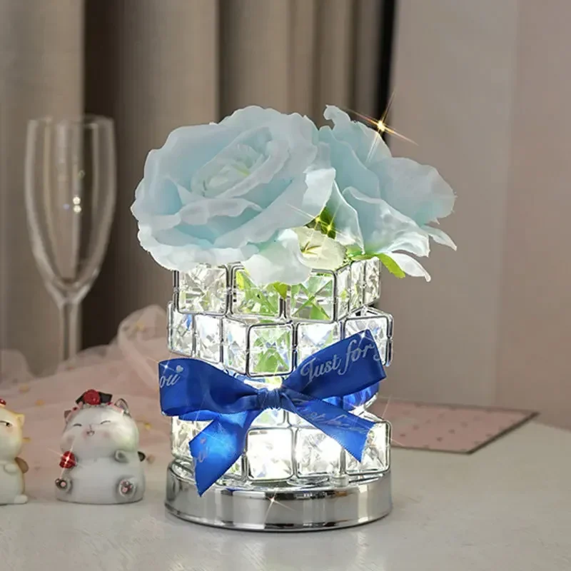 Luminous Crystal Cube Rose Table Night Lamp LED Decorative Table Lamp Bedroom Decor Romantic Birthday Gift Bouquet Nightlights