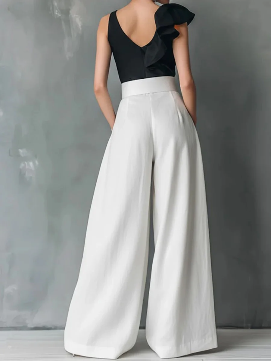 Damen High-Waist Weite Hosen mit Quadratischem Schnallenverschluss, Plissierte Lose Lange Hosen für Büro, Abend und Party – Detail 16