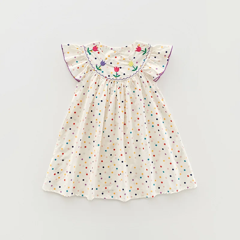 

Korean children's clothing colorful polka dot tulip embroidered girls dress 2026 flying sleeve sweet princess skirt