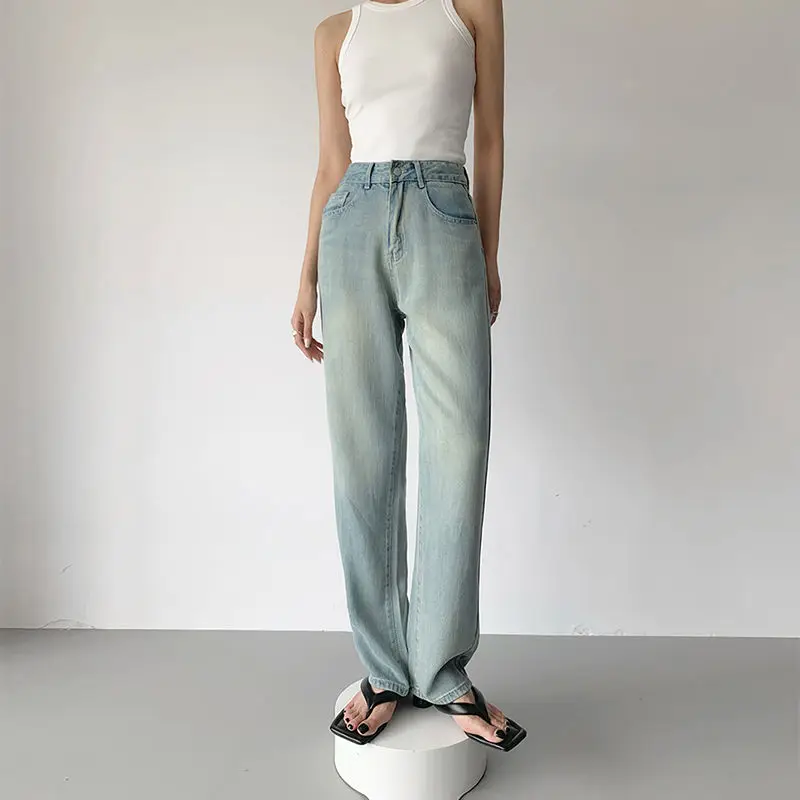 2023 American Retro Loose Wide-leg Denim Pants High Waist Light-colored Straight Trousers Trend Women Jeans