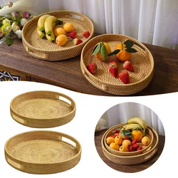 Round Picnic Organiser with Handle Hand-woven Rattan Wicker Basket Storage Basket Household Food Storage Box for Cake Drink