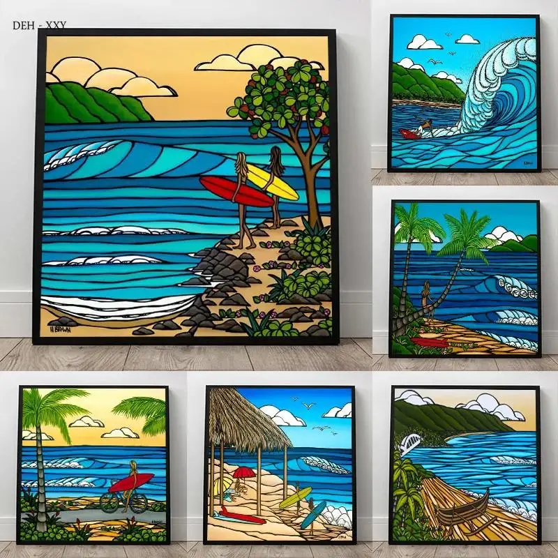 Hawaii Islands Abstract Landscape Art Canvas  Beach Seascape Surfing Poster  Pop Art Mural for Home Decor