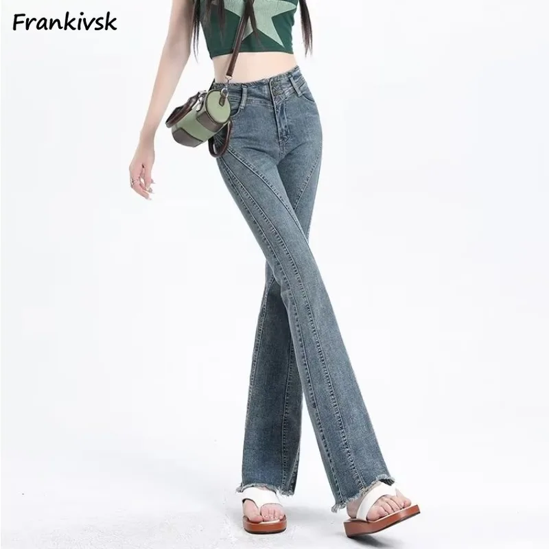 Women Jeans Retro Fit European Style Classic Mopping Trousers Schoolgirl Vitality Pockets Popular High Waist Daily Raw Edge Chic