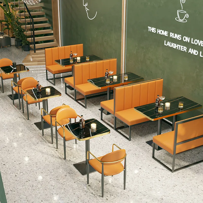 & Minimalist Commercial Booth Sofa Set Metal Frame Glass Tabletop Durable Upholstery Customized Themed Restaurant Furniture