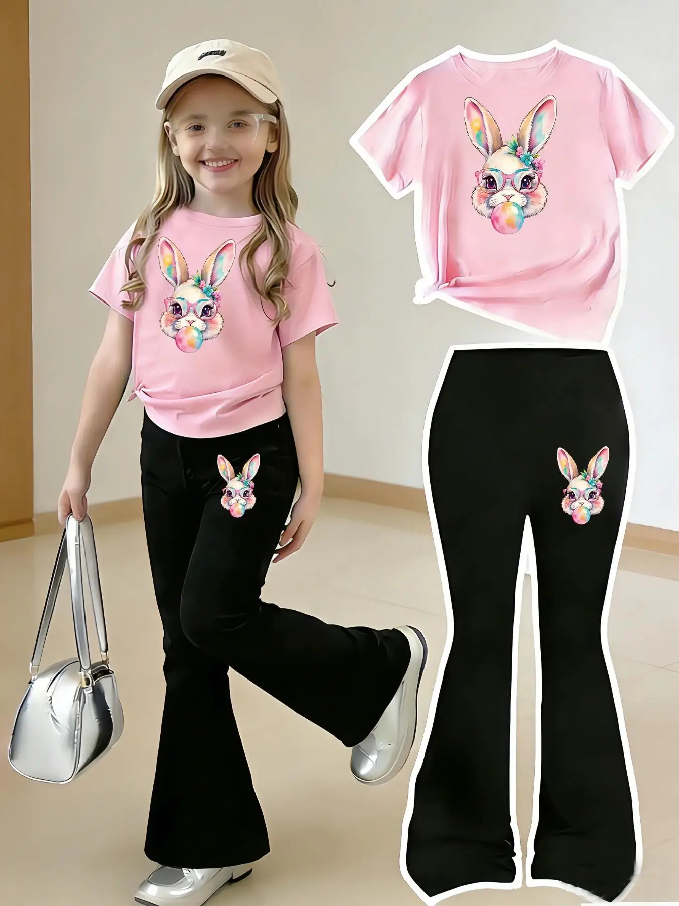 Children's Clothing Girls' Set 2026 New Style Cute Rabbit Head Print T-Shirt + Black Flared Pants Two-Piece Set Suitable for Girls Aged 4-12, Versatile Clothes for Spring and Summer, Home Wear, Outings, and Travel