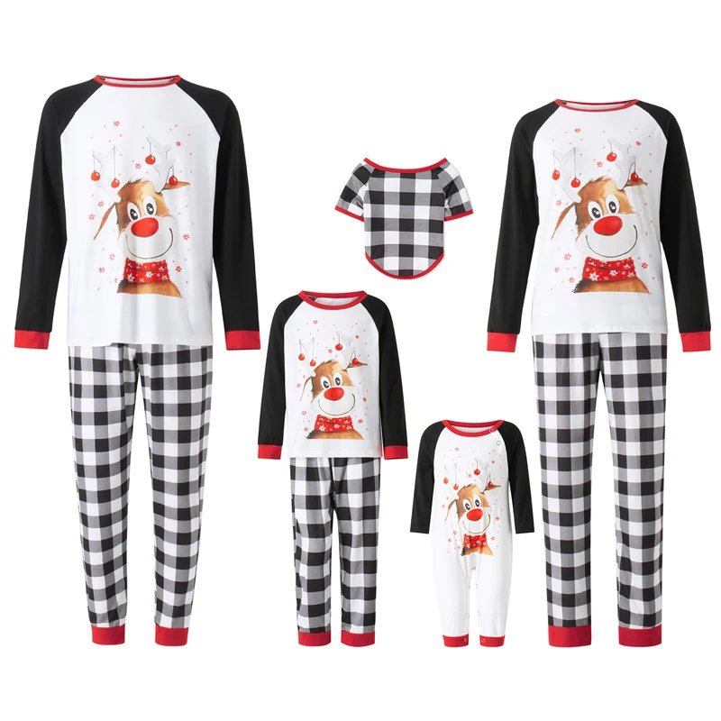 Christmas Family Matching Pajamas Set Reindeer Print Long Sleeve Tops Plaid Print Pants Dog Clothes Baby Romper Included