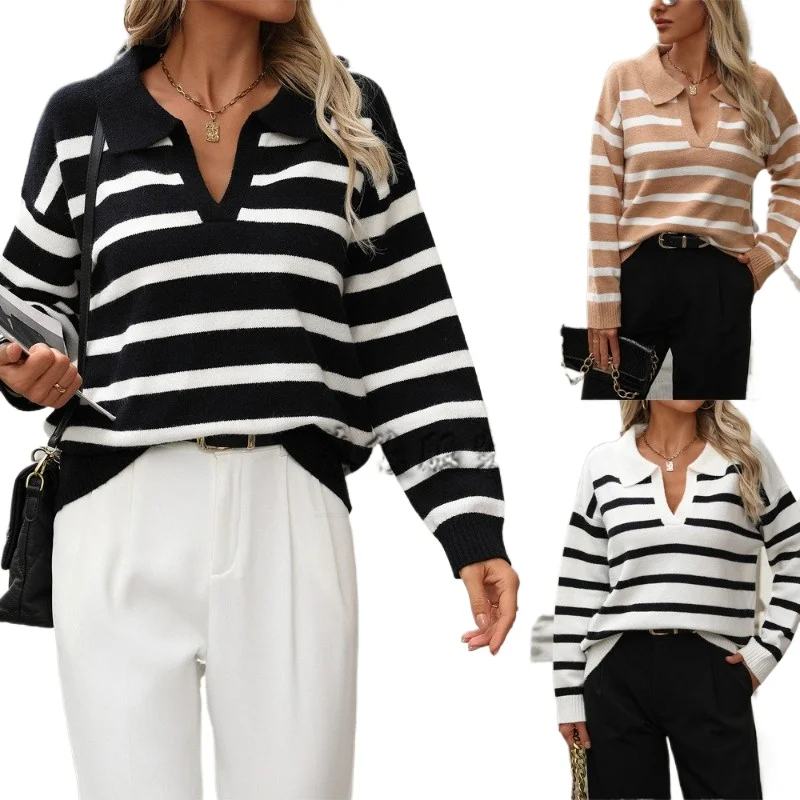 

Осень-зима 2025 года, европейская и американская женская одежда, новый модный свободный вязаный свитер в полоску с лацканами для женщин