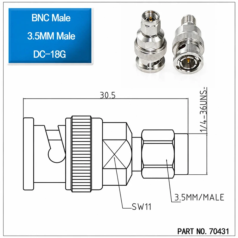 1pcs BNC High-Frequency Precision Adapter BNC/3.5-JJ BNC Male to 3.5MM Male Stainless Steel Connector DC-18G