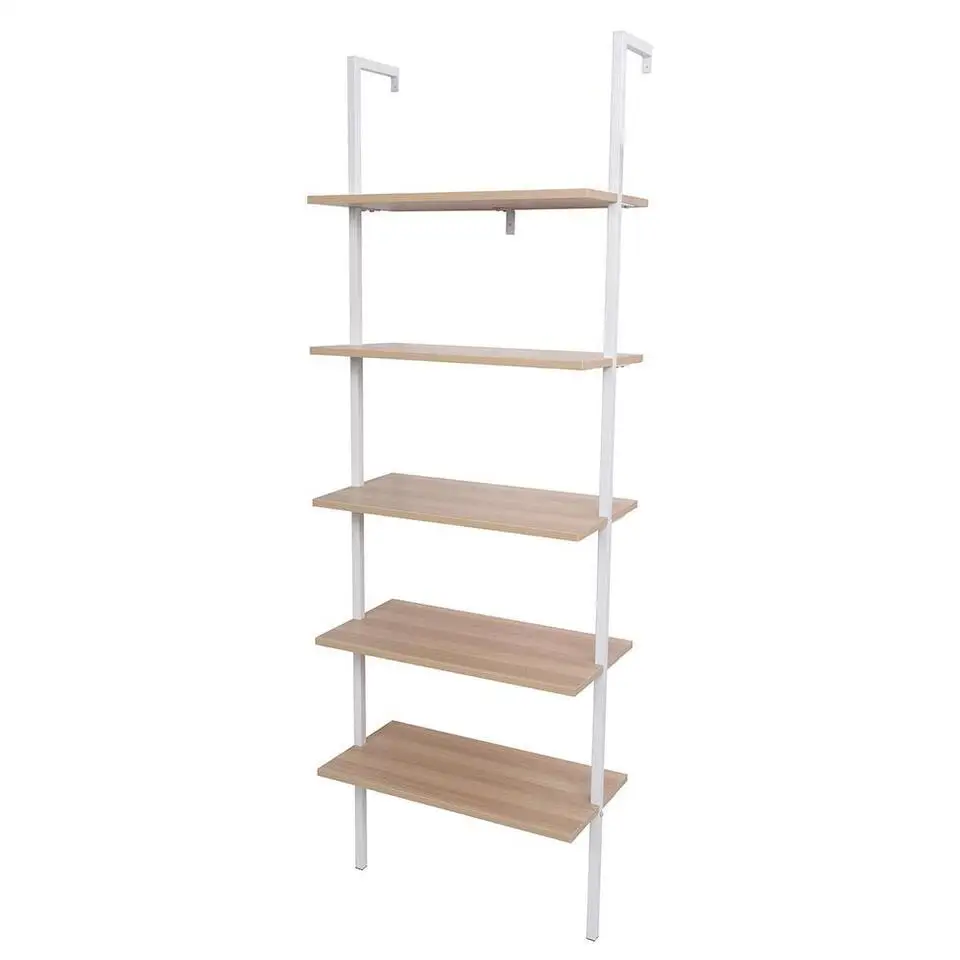 5-Tier Shelf Wood Ladder Bookcase with Metal Frame Storage Bookshelf Rack Home