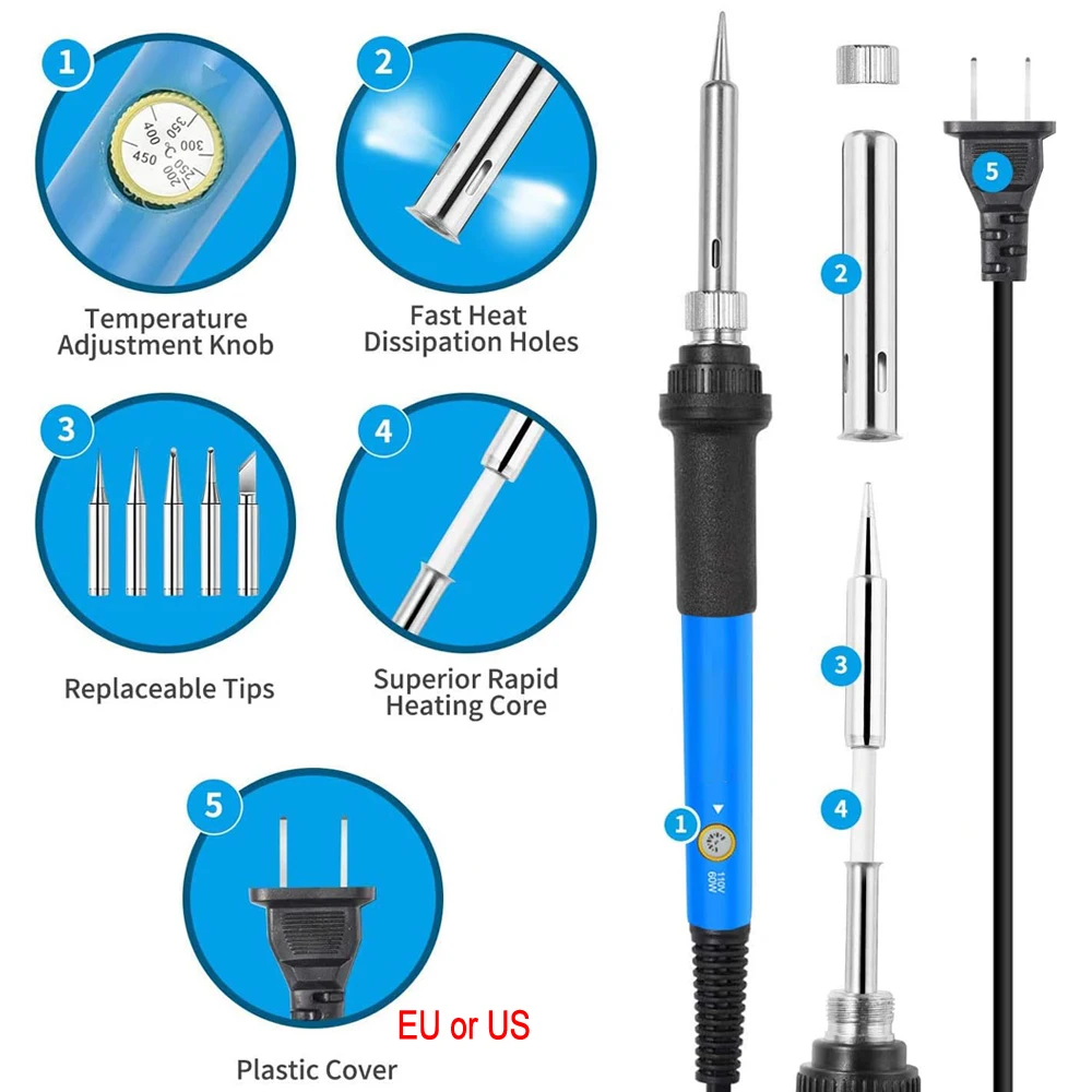 10-IN-1 Electric Soldering Iron 60W Adjustable Temperature Replaceable Soldering Iron Head Soldering Iron Pen Welding Kit