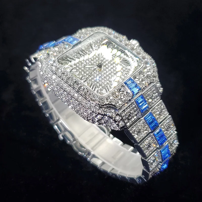 New Fashion Diamond Watches Men Iced Out Bling Bling Quartz Wristwatch Hip Hop Stainless Steel Luminous Date Clock Gift For Man