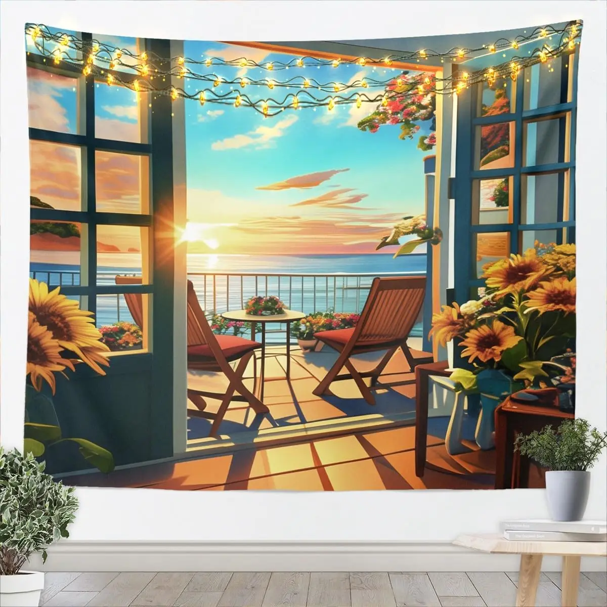 Aesthetic Tropical Beach Sunset View Tapestry Wall Hanging Ocean Resort Coastal Sunrise Boho Home Decor Polyester Art
