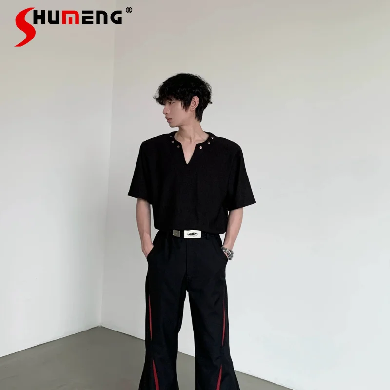 

Men's 2026 Summer Breathable Trendy Tops Fashion V-neck Metal Buckle Short-sleeve T-shirts Male Handsome Solid Color Simple Tees
