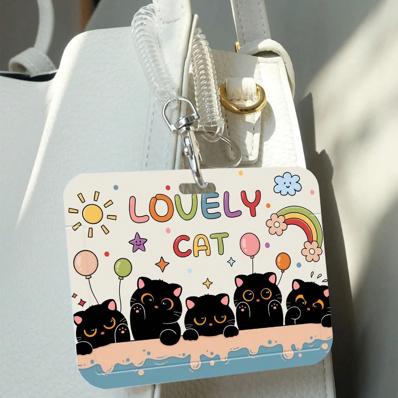 Cute Cat Card Holder with Retractable Spring Cord Pendant Keychain Suitable for Student ID Card Holder Door/Metro Card Case