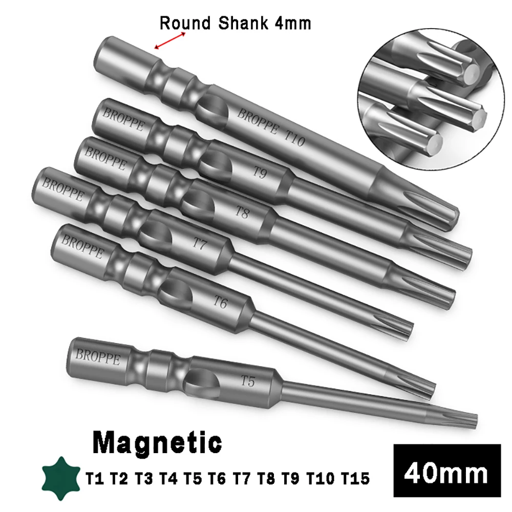 

10PCS 4MM Round Shank Tamper Proof Security Drill Magnetic Bit Set Torx Screwdriver Bit 40mm T1 T2 T3 T4 T5 T6 T7 T8 T9 T10 T15