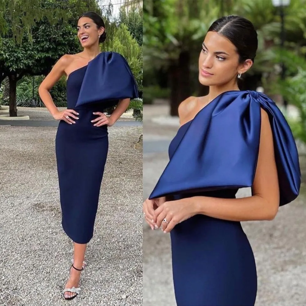 Robe formelle chic bleu marine pour femme, longueur de thé, soirée, tout ce qui est parfait, nœud papillon, satin initié, fête de Rh, robe éducative