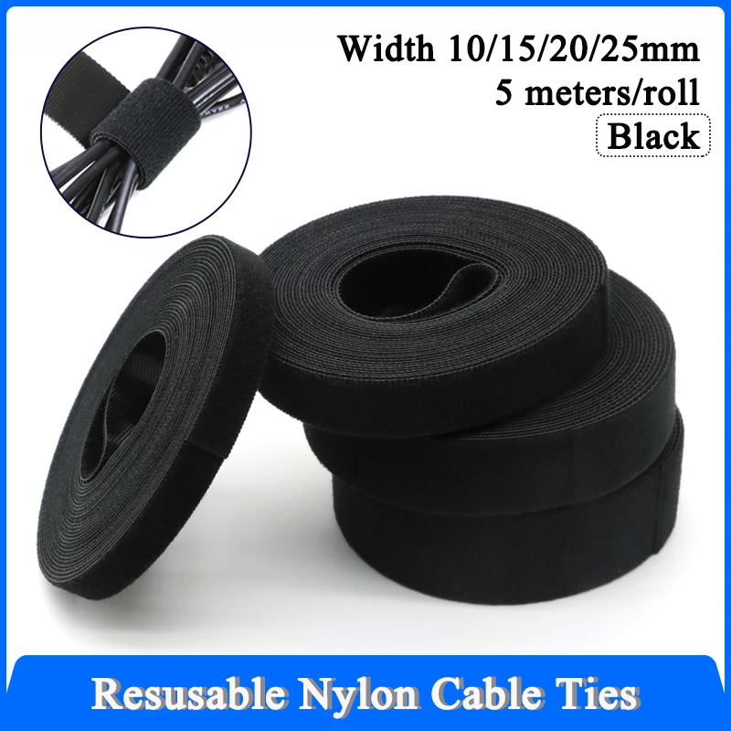 1~20R Black Cable Organizer USB Cable 10/15/20/25mm Winder Management Nylon Free Cut Ties 5M/Roll Mouse earphone Hook Loop Tape