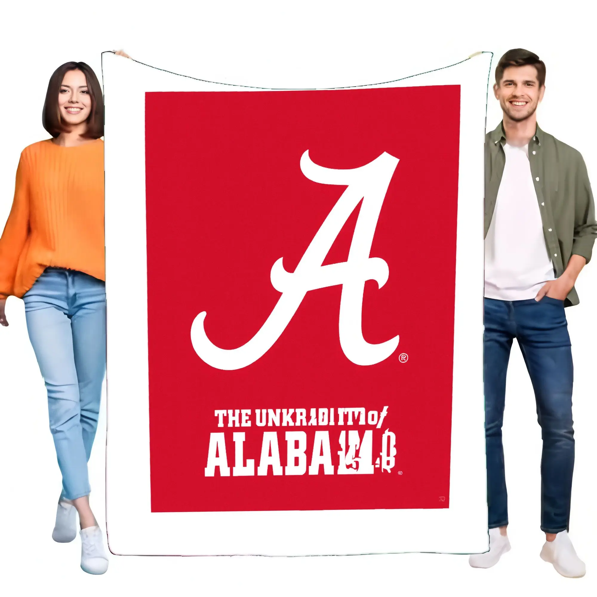 Large Alabama Inspired Red and White Blanket with Cursive 'A' Design, featuring 'THE UNKRADIBITTY of ALABAMA' Text. Perfect for