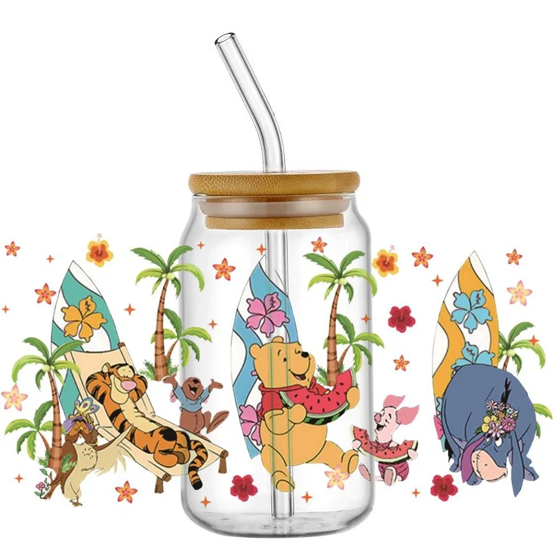 Miniso adesivo de transferência de desenho animado pooh e amigo uv dtf copo envoltório para óculos libbey de 16oz à prova d'água diy adesivo decalque de caneca