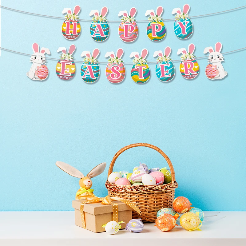 Happy Easter Banner Colorful Bunny Easter Eggs Carrot Banner Garland Signs Spring Themed Easter Day Decorations for home