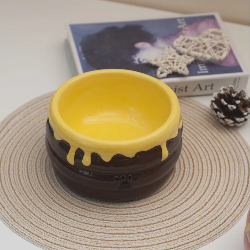 Ceramic cat/dog bowl, pet bowl, high footed honey pot shape, deep mouthed large capacity anti spill ceramic water bowl