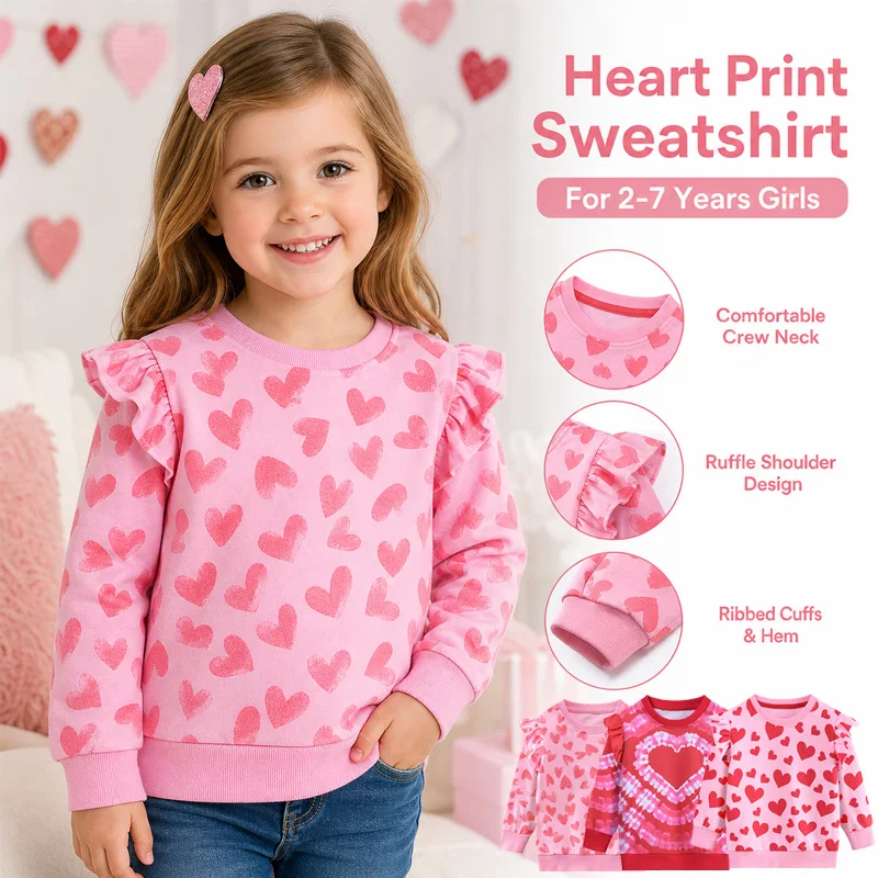 Little Hand Toddler Girls Sweatshirts Valentine Sweatshirt Crewneck Ruffle Long Sleeve Kids Girls Heart Shirts Tops 2-7 Years
