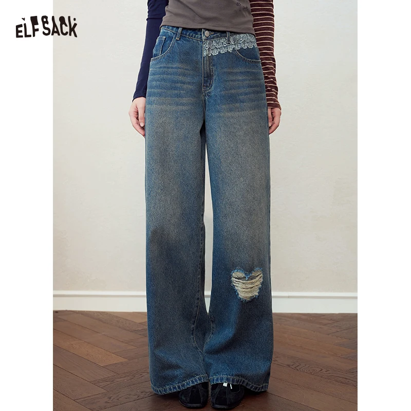 ELFSACK Women's Vintage High-Waist Wide-Leg Jeans with Lace Heart Ripped, Loose Denim Pants for Casual Daily