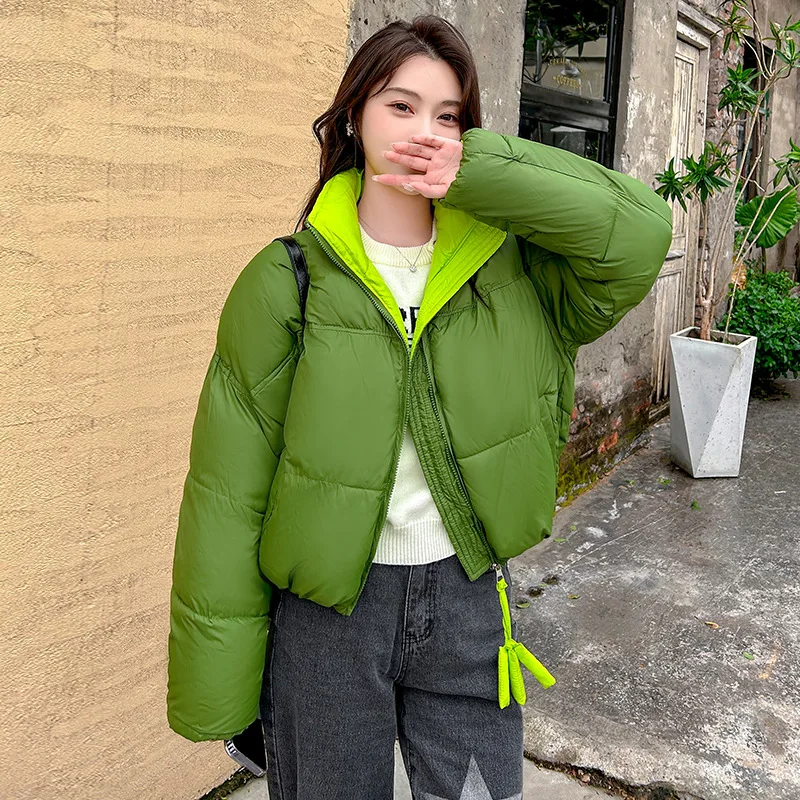 Women's 2024 New Fluffy Contrasting Color Short Sand Up Collar Winter Temperament Bread Bright Down Cotton Jackets Parkas