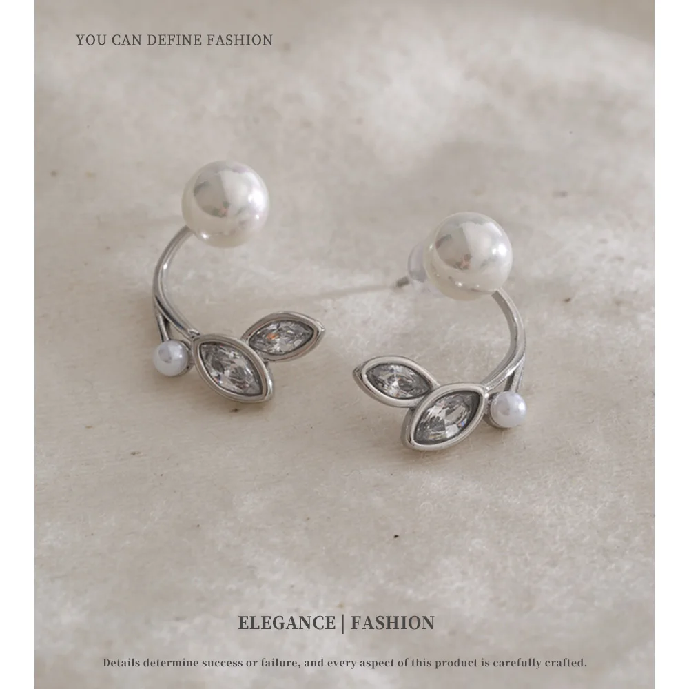 NiNice Stainless Steel Zirconia Simulated Pearls Leaf Stud Earrings for Women Elegance Popular Chic Daily Jewelry