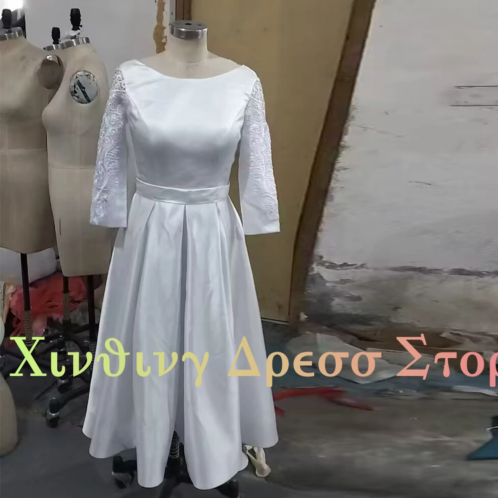 Přizpůsobené minimalistické bílá krátký svatební šaty elegantní čaj délka čerpat nášivky 3/4 rukávy svatební gowns na zip couvat žena