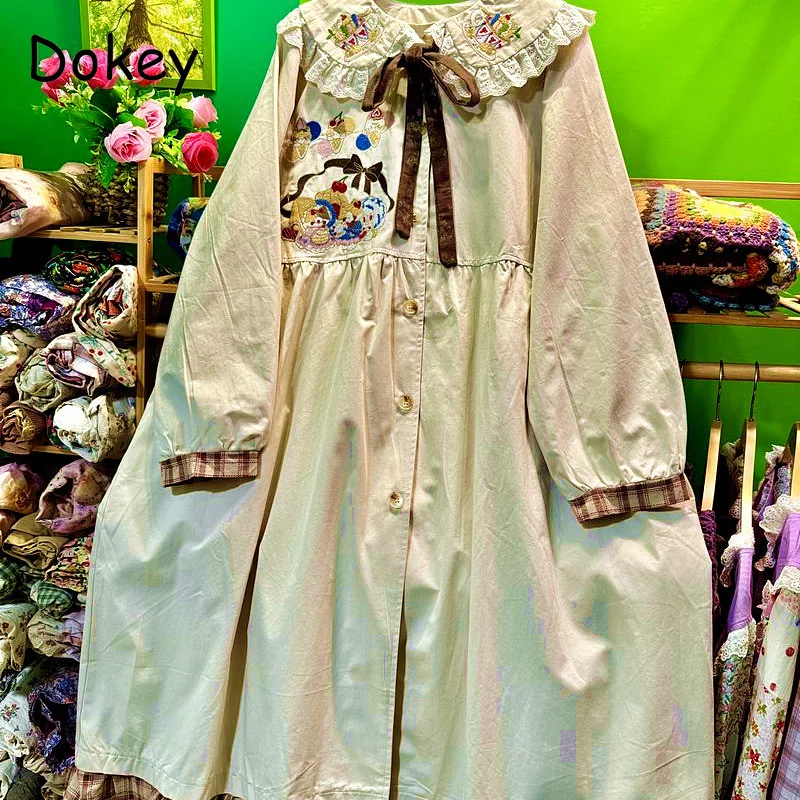 Vintage Peter Pan Kragen Kawaii Lange Trenchcoat Frauen Japanische Mori Mädchen Stickerei Lolita Lose Windjacke Mantel Weibliche