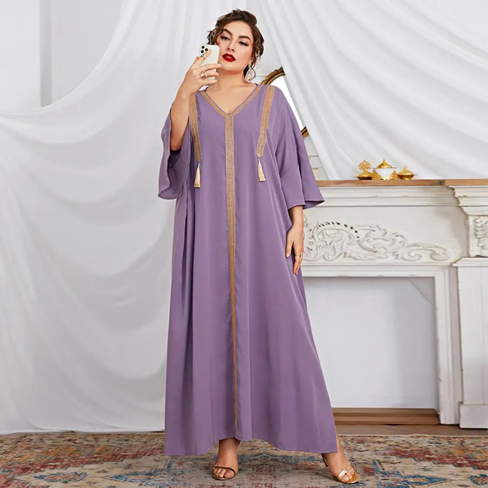 

3/4 Flare Sleeve Loose Waist Split Large Hem Plus Size Women Dress Ethnic Style Embroidery Stitching Edge A-Line Maxi Dress