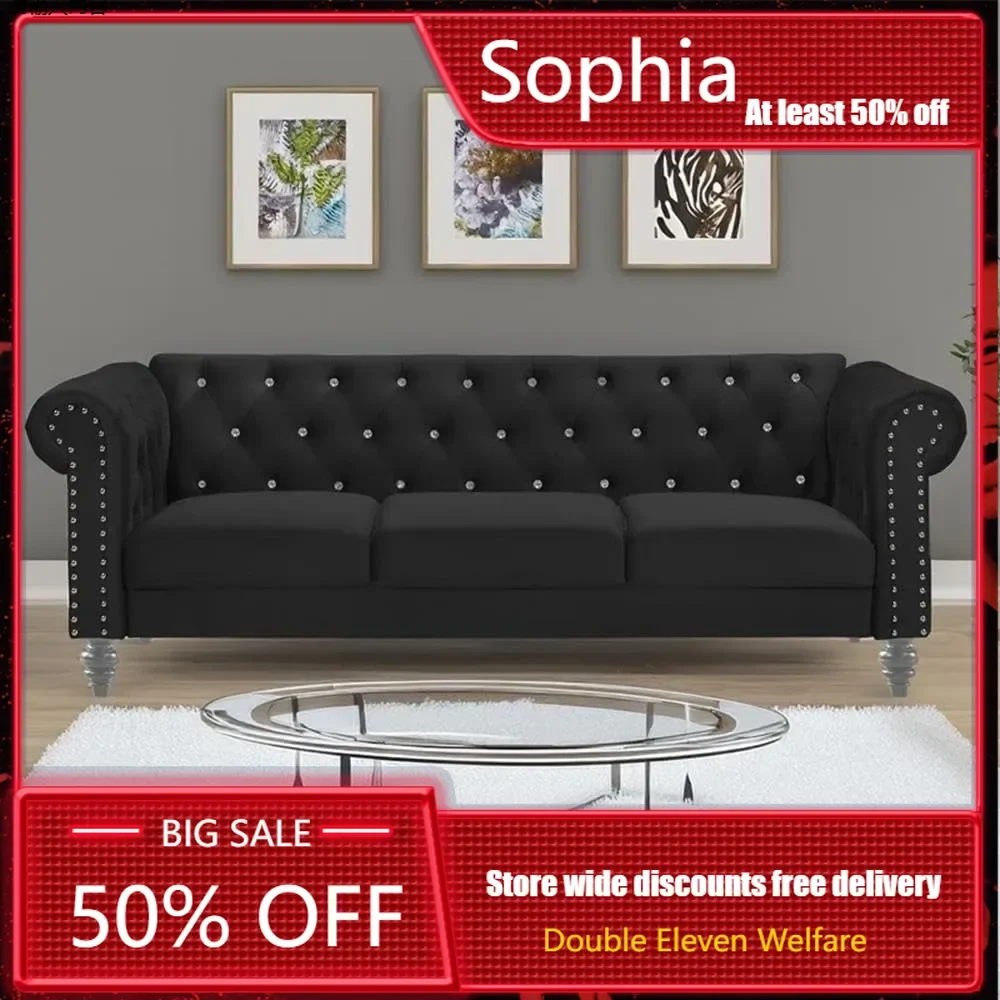 Living Room Sofa, Furniture Velvet Three Seater Chesterfield Style Sofas for Small Spaces, Three-seater Sofa