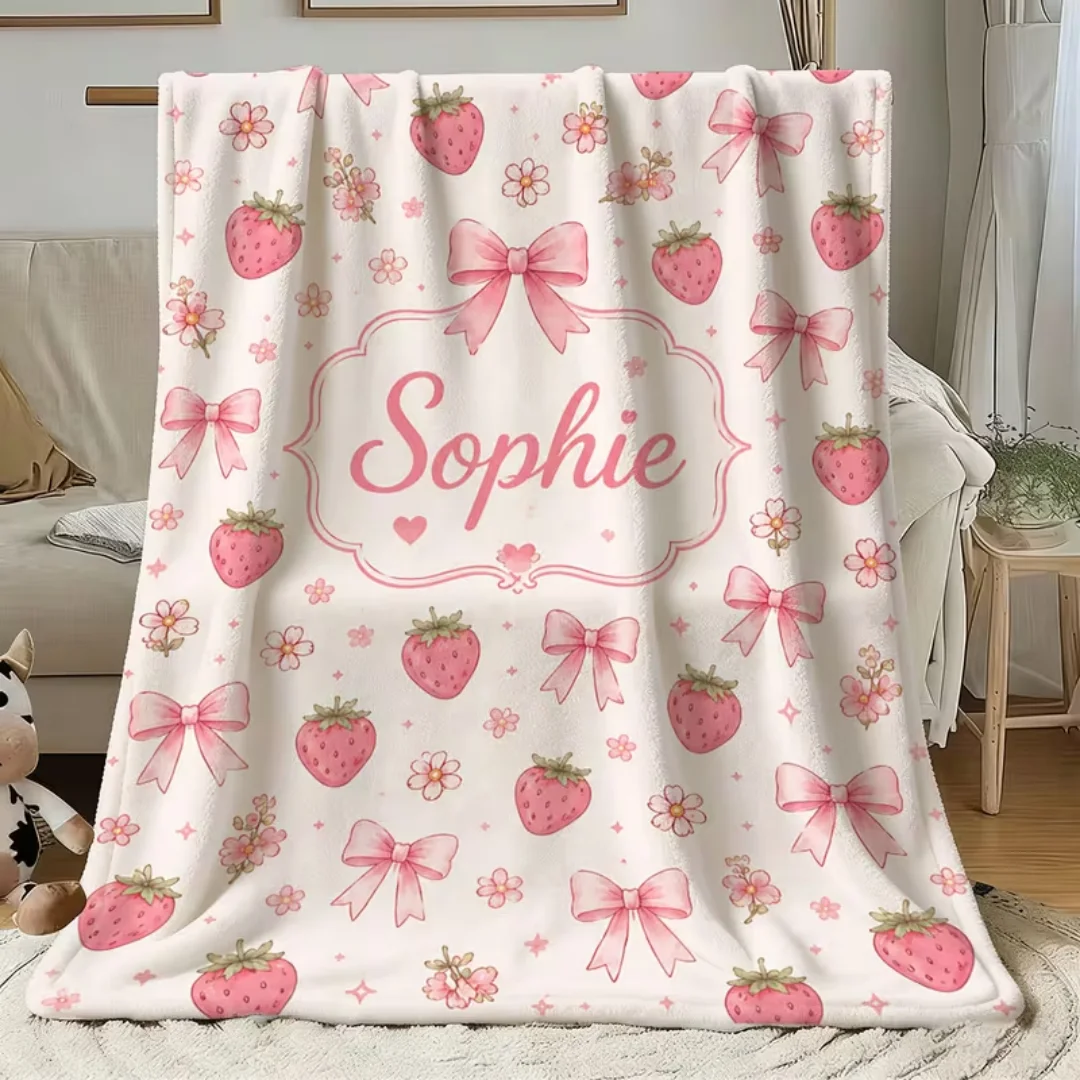 Custom Name Pink Strawberry Floral Flannel Blanket All Season Sofa Bed Throw Unisex Cozy Blanket Birthday Halloween Personalized