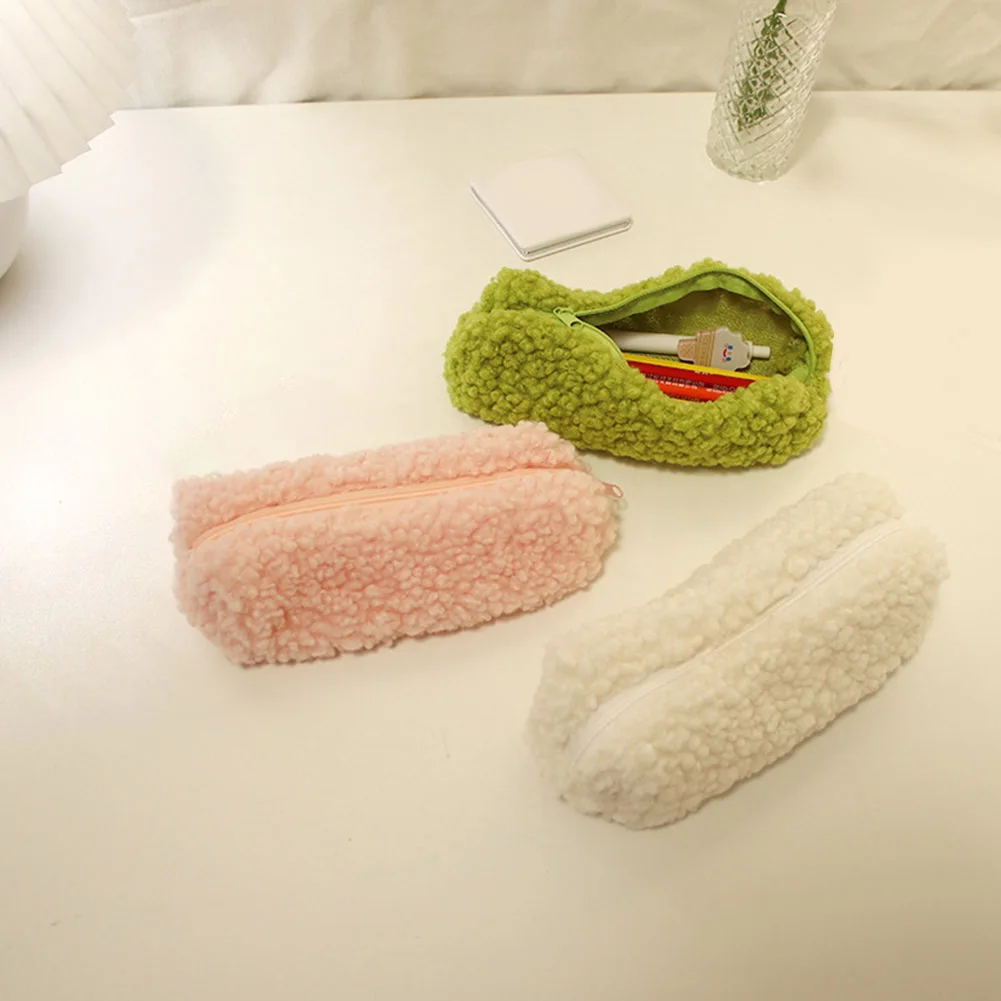 Pencil Case Pen Pouch Plush Kawaii Zipper Bags Cosmetic Make Up Organizer Pouch School Office Supplies(Beige)