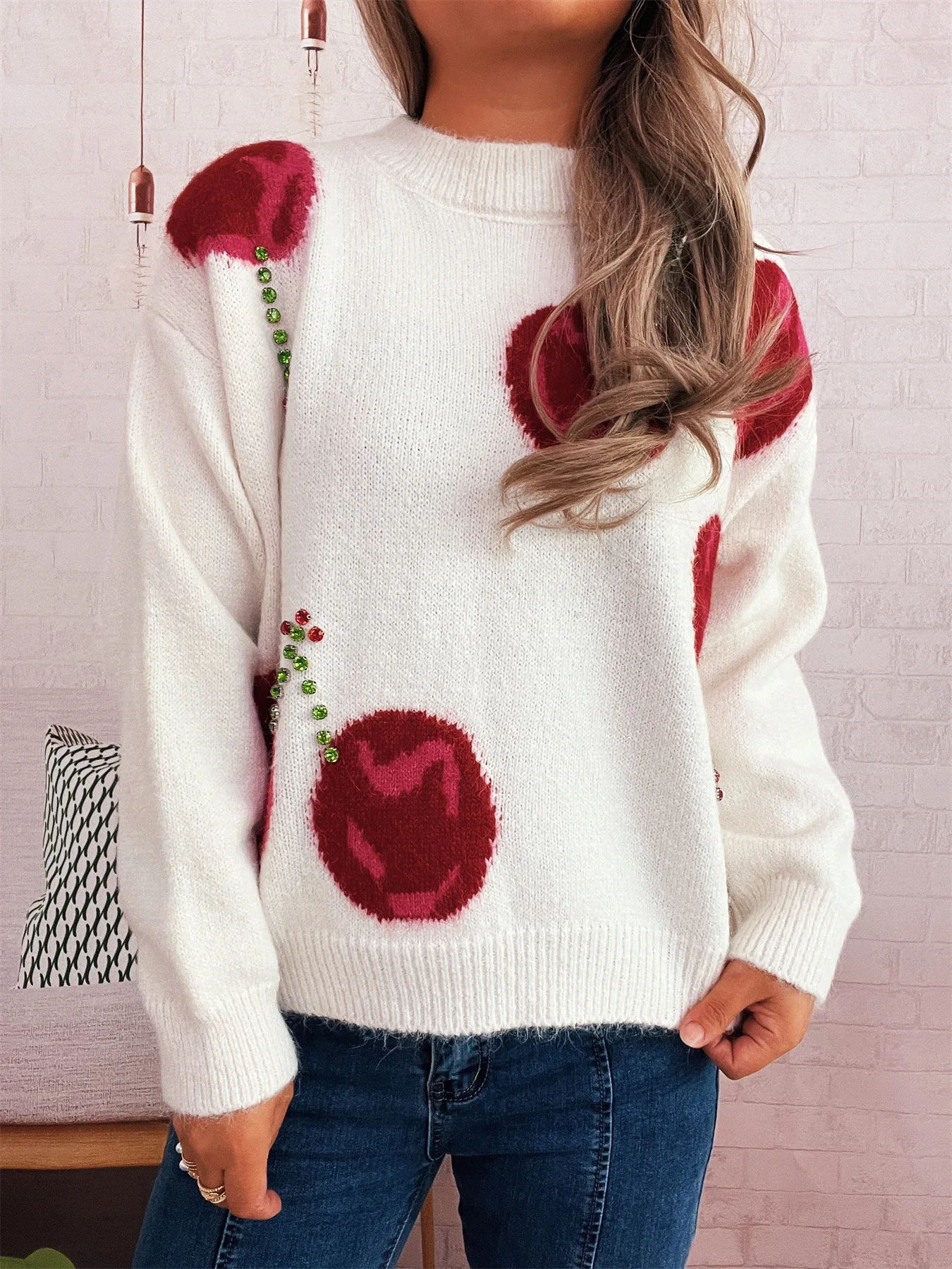 

Loose knitted pullover for women autumn winter new fashion round neck long sleeve diamond cherry sweater casual home tops