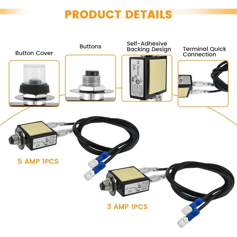 AA81-4X 3 AMP & 5 AMP Push Button Manual Reset Circuit Breaker,Auto Trip Thermal Circuit Breaker 18AWG Wires And Cap