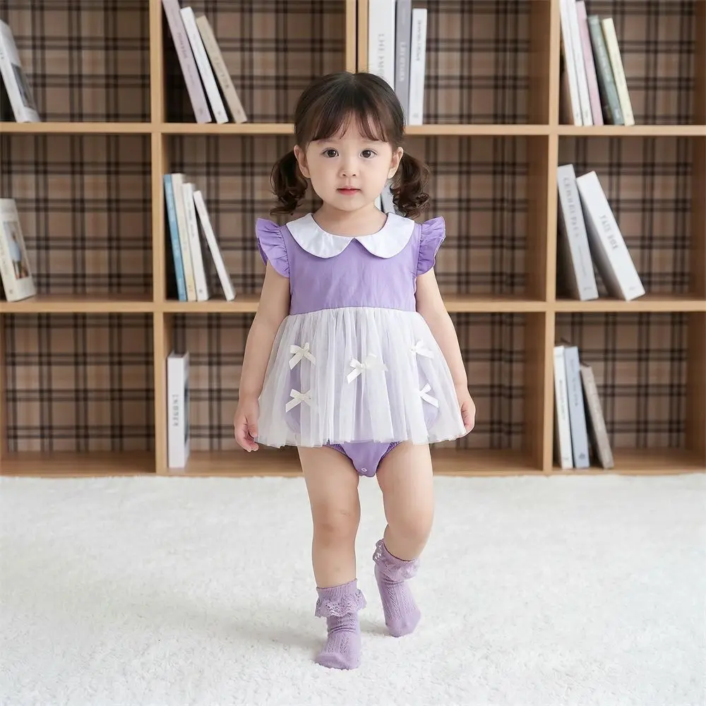 Girls' Jumpsuit Summer Dress 2026 New Children's Purple Bow Mesh Princess Dress Baby Stylish Romper