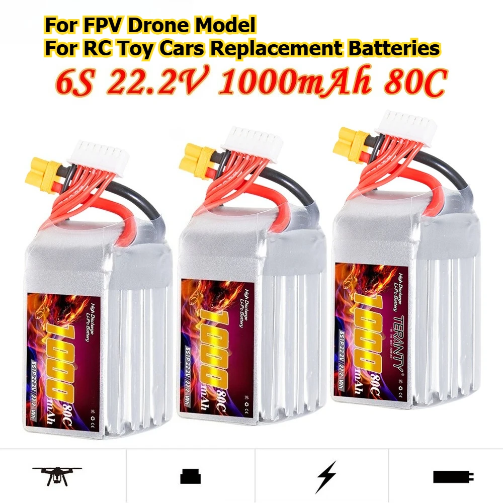 

Rechargeable 1000mAh 6S 22.2V 80C Drone Battery for FPV Drone Model LiPo Battery for RC Toy Cars Replacement Batteries