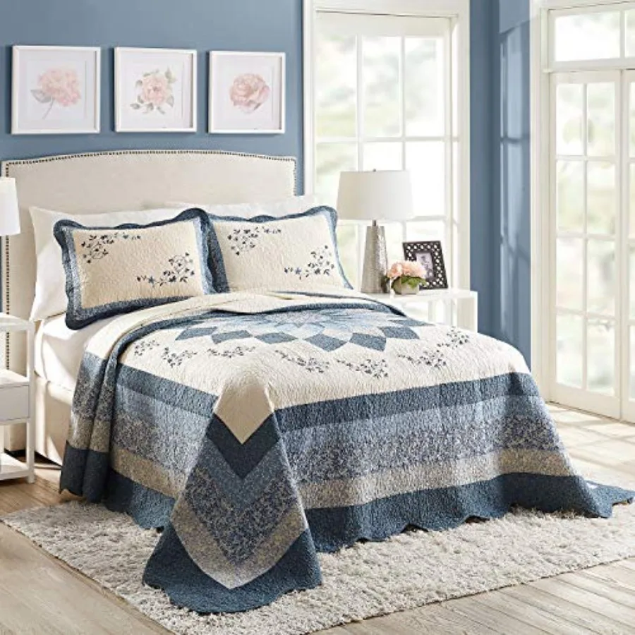 

Blue Floral Embroidered Quilted Bedspread - Lightweight Breathable All Seasons Bedding Full Size