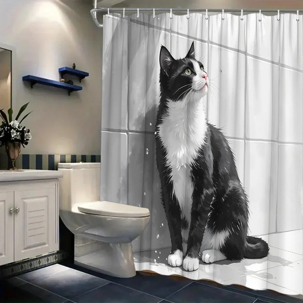 

Black and white cat shower curtain grayscale monochrome including 12 hooks suitable for modern bathroom shower curtain