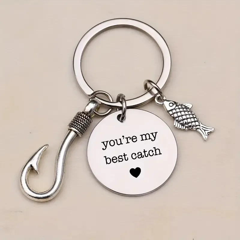You'Re My Best Catch Stainless Steel Keychain. Fishing Enthusiast Gift Fish Hook Pendant.
