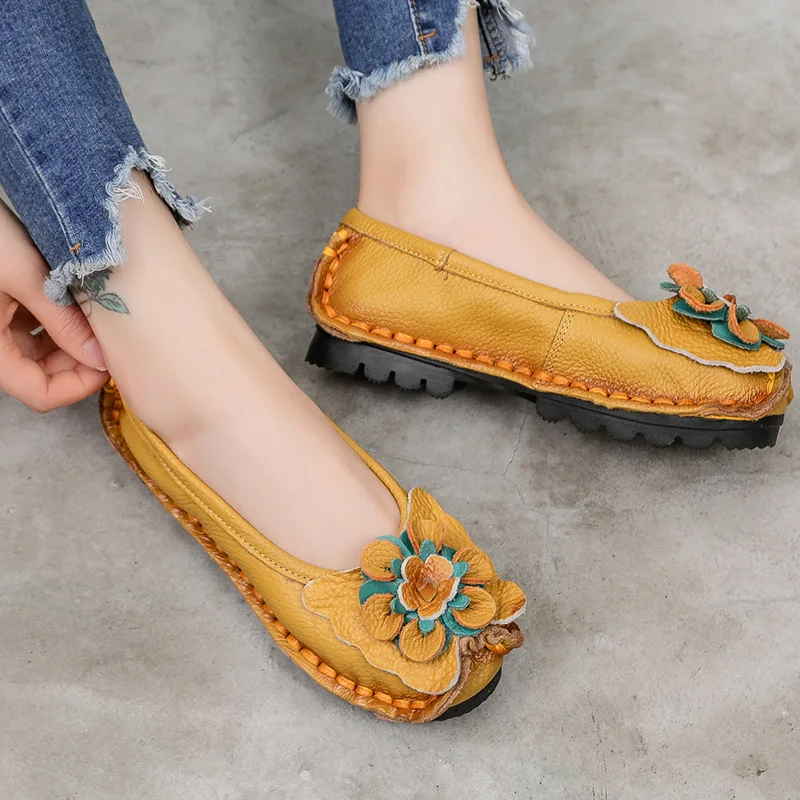 Vintage Handmade Folk Style Women Casual Shallow Shoes Genuine Leather Lady Soft Bottom Flats for Mother Fashion Loafers Summer