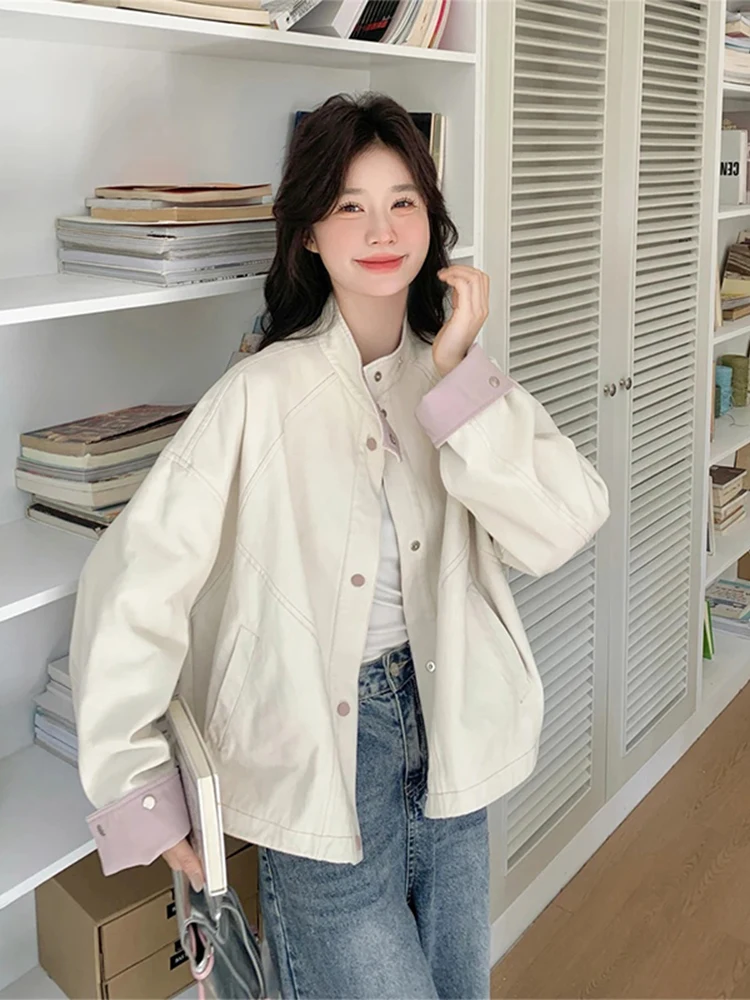 

Spring 2025 New Women's Loose Fit Contrast Color Workwear Jaet ort Stand Collar Denim Outerwear Comfortable Casual Sle