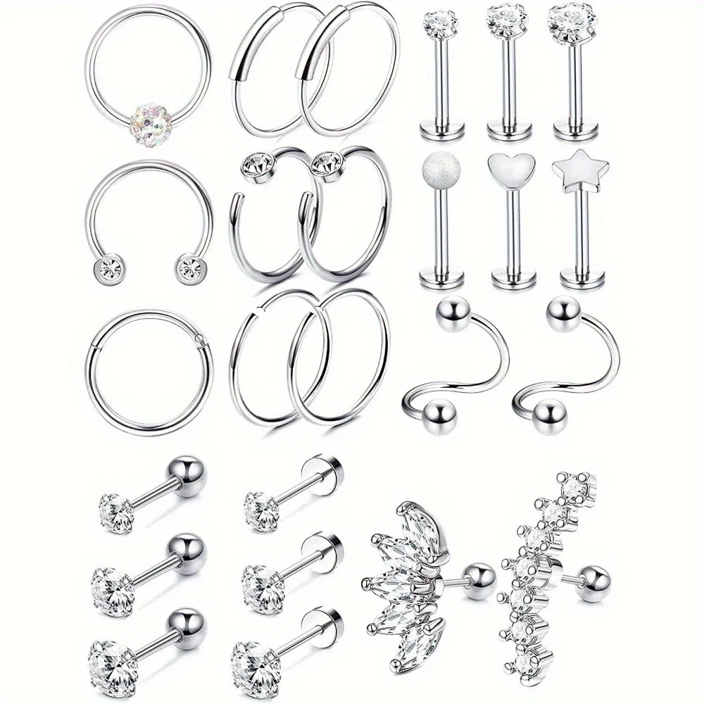 DOLOTTA 1Pc Stainless Steel Earrings Cartilage Earrings Hoop Studs Piercing CZ Labret Flat Ball Back Daith Tragus Helix Earrings