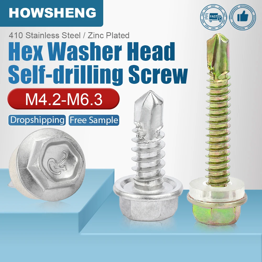 

HOWSHENG 20/40pcs Washer Head Hex Self Drilling Tapping Screw M4.2 M4.8 M5.5 M6.3 Stainless Steel Zinc Plated Hardiflex Screws