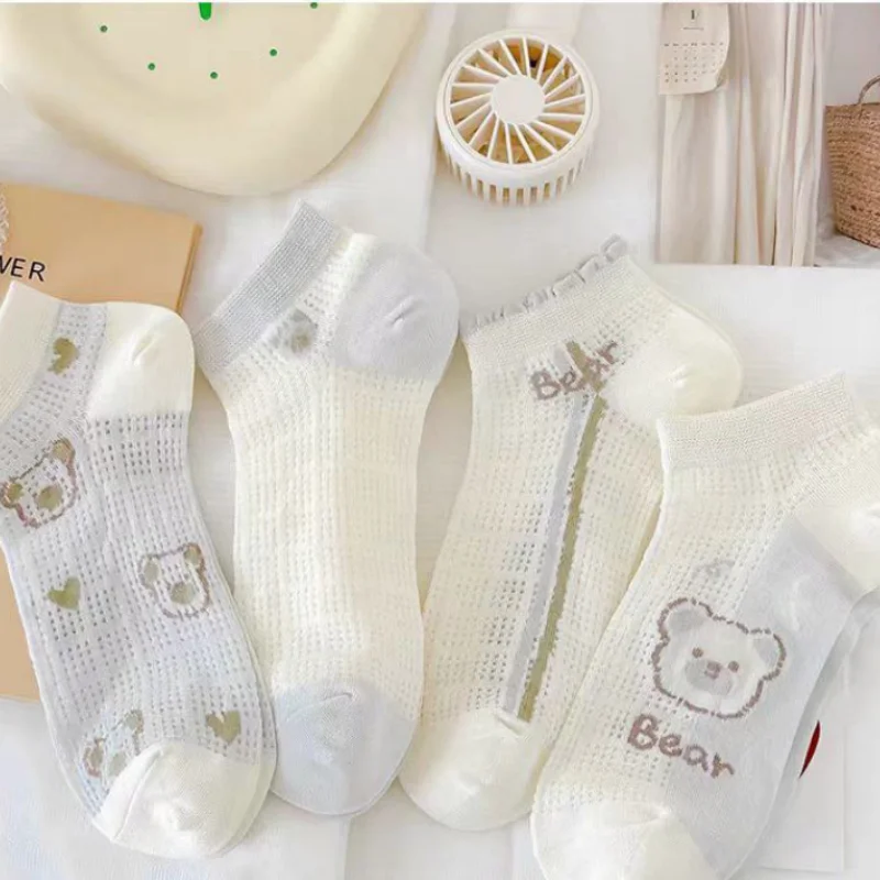 Dreamlikelin, 5 пар/упак., четырехсезонные женские носки, новые короткие носки с милым принтом медведя, носки до щиколотки для девочек в корейском стиле