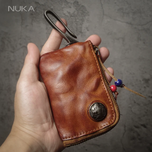 NUKA Top skóra bydlęca torby na kluczyki do samochodu mężczyźni kobiety Vintage zamek błyskawiczny portmonetka portfel z prawdziwej skóry Card Holder ‌ Organizator domu gospodyni