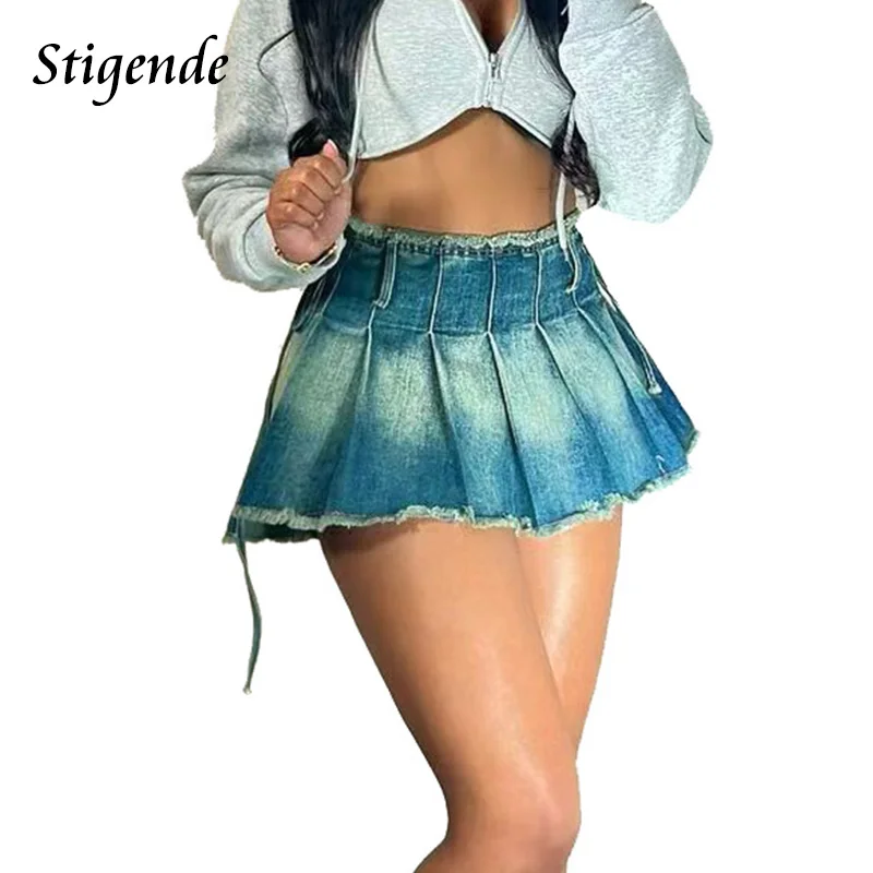 

Stigende Pleated Denim Mini Skirt Women Ripped Washed a Line Short Skirt